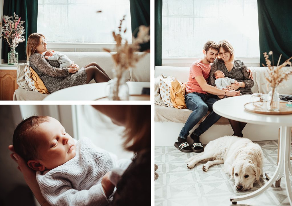 Photos de famille avec un chien et un bébé dans un mobil home