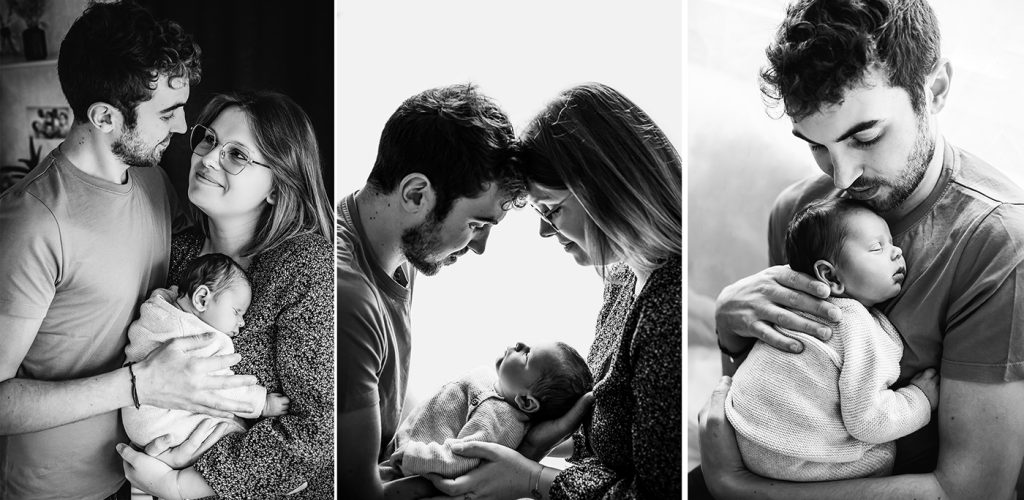 Photos en noir et blanc d'un couple avec bébé